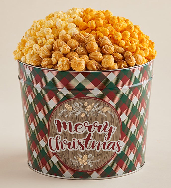 Tartan Plaid Merry Christmas 1.75 Gallon 3 Flavor Popcorn Tin